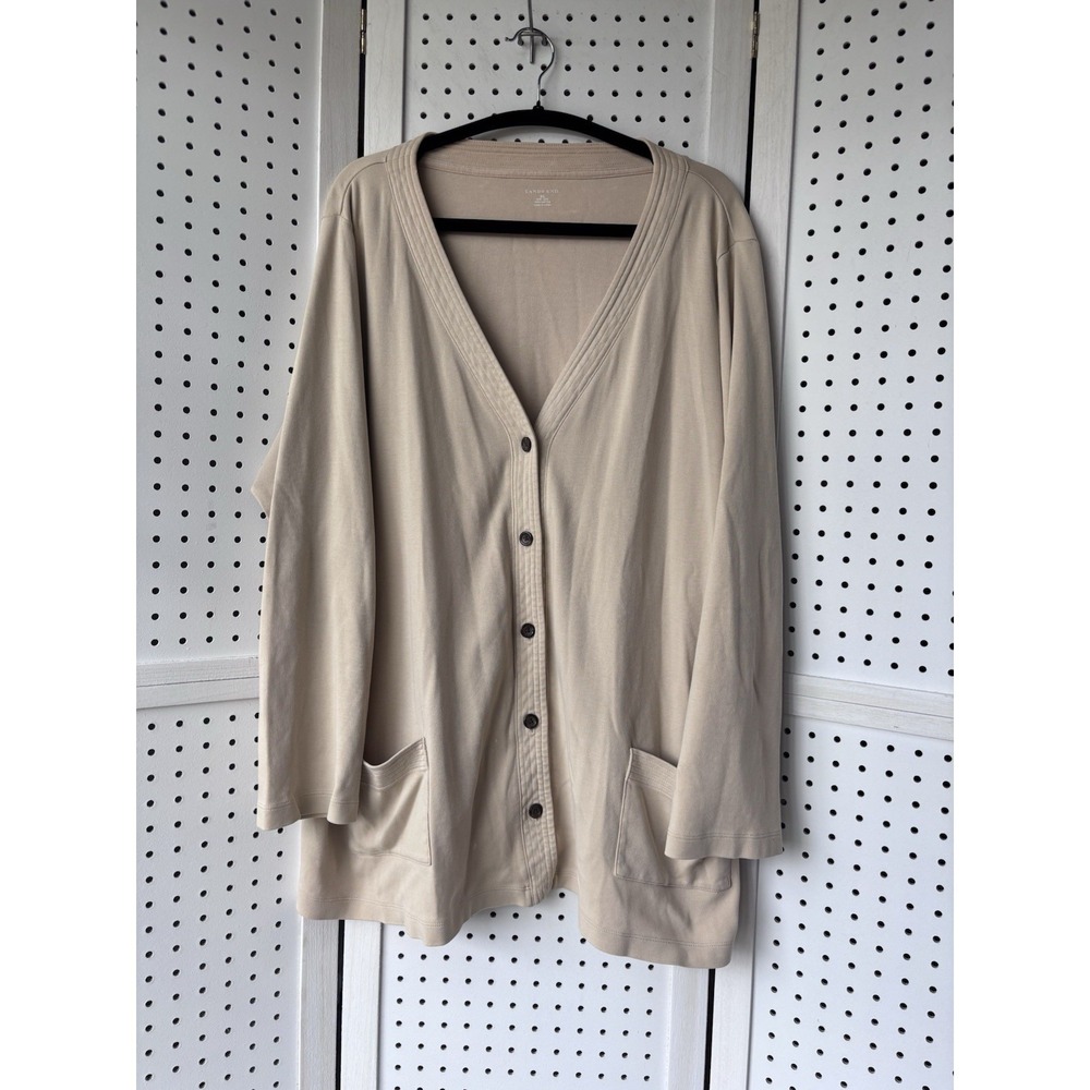 Lands End‎ Women's 3XL  24/26 Beige VNeck Button Sweatshirt Pocket Blazer Cotton